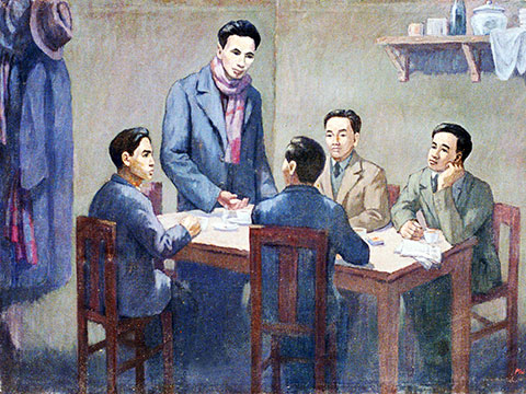 Hội nghị thành lập Đảng Cộng sản Việt Nam ngày 3/2/1930.
Ảnh chụp lại tranh của họa sĩ Phi Hoanh tại Bảo tàng Lịch sử Quốc gia