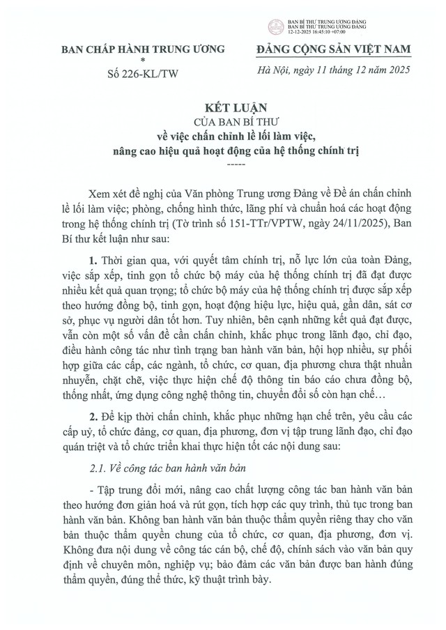 TOÀN VĂN: Kết luận số 226-KL/TW chấn chỉnh lề lối làm việc, nâng cao hiệu quả hoạt động của hệ thống chính trị.- Ảnh 1. TOÀN VĂN: Kết luận số 226-KL/TW chấn chỉnh lề lối làm việc, nâng cao hiệu quả hoạt động của hệ thống chính trị.- Ảnh 1.